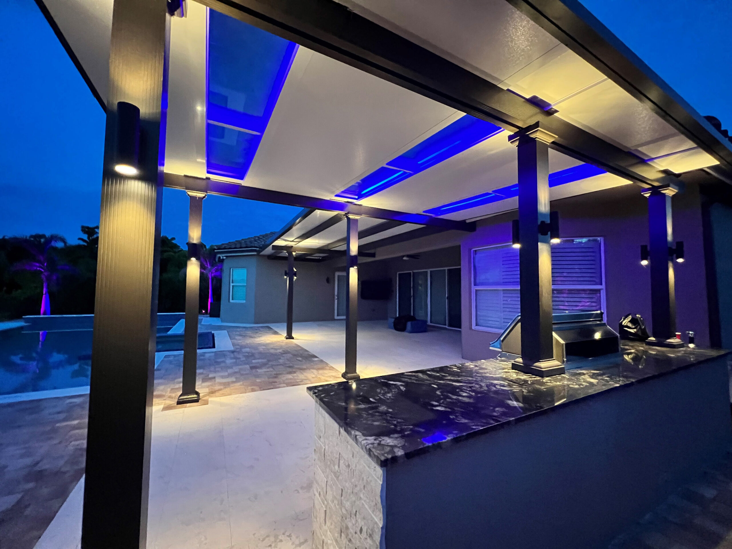 Pavilion, Studio Roof, Skyview, Attached, Florentine Columns, Bronze, Outside View, Nighttime