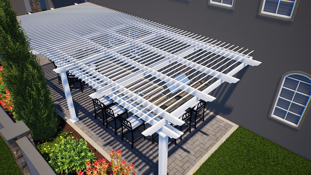 Attached operable pergola in white.