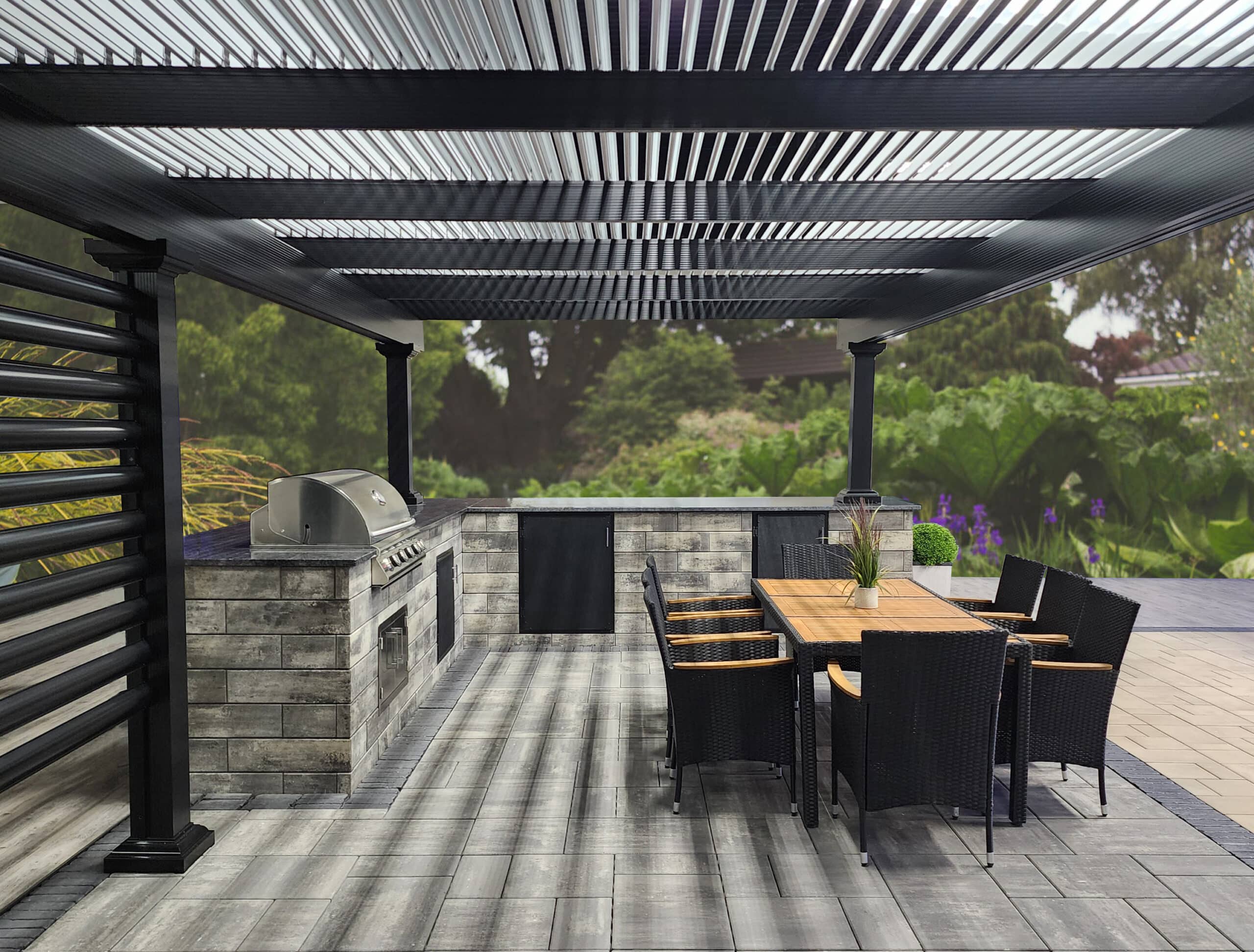 Pergola, Free Standing, Florentine Columns, Black, White, Interior View, Daytime