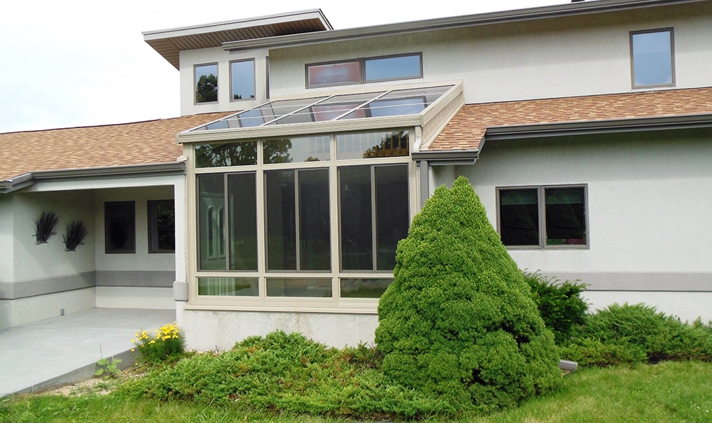 Sunroom, Vista View  Walls, Upper Transoms, Lower Transoms, Sandstone, Outside View, Daytime